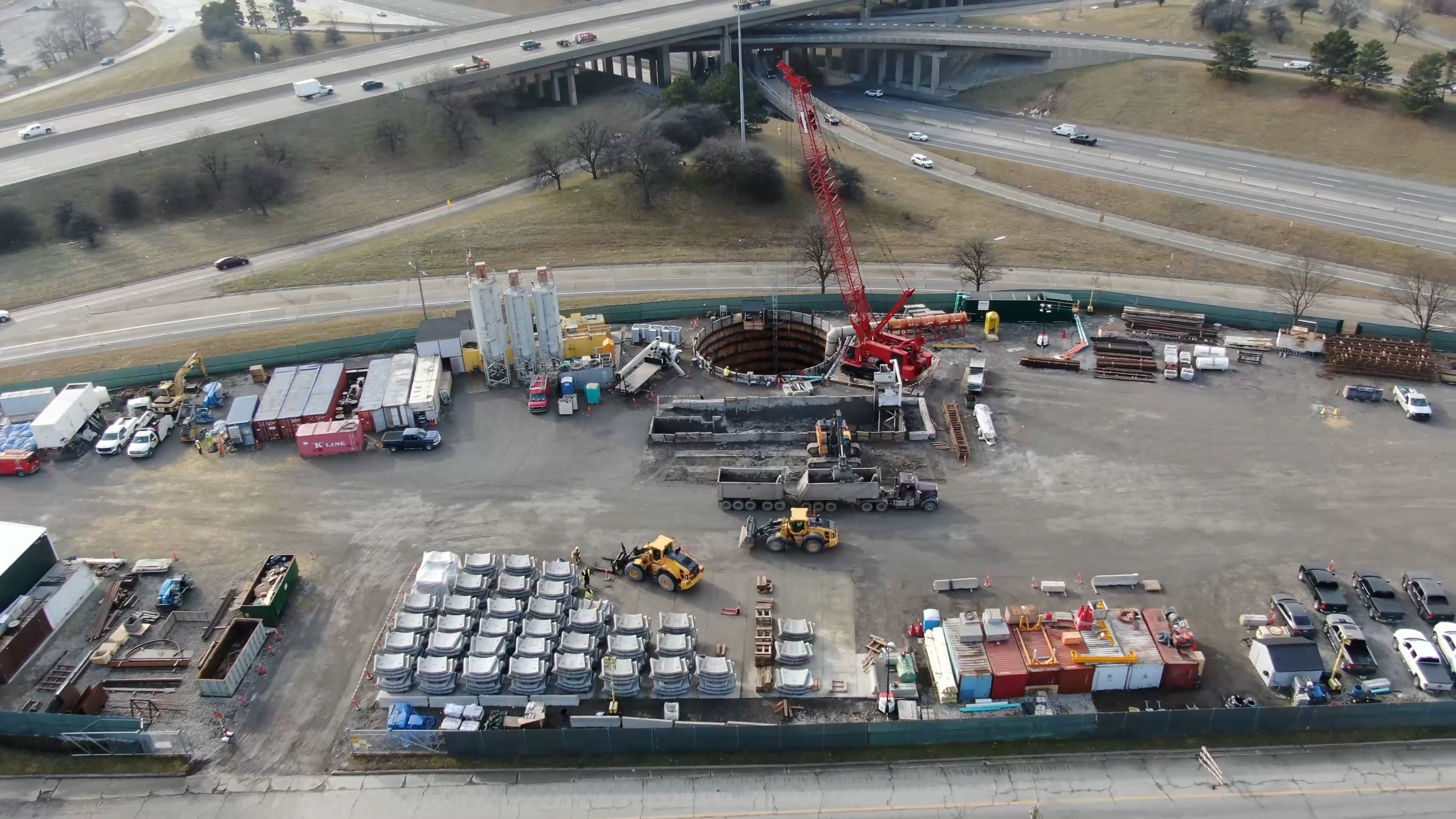Aerial view of the I-696 shaft shite showing the cement casings and tunnel equipment