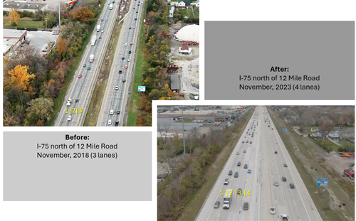 Drone view of I-75 near 12 Mile Road showing the original three lane in each direction compared to the view in 2023 when it was rebuilt with four lanes in each direction.