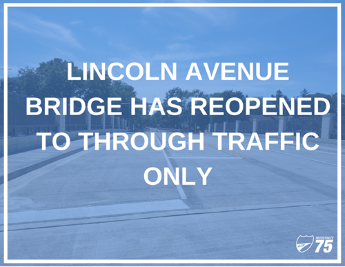 Text over photo of Lincoln bridge showing new concrete, pavement markings, and pillars along sidewalk.