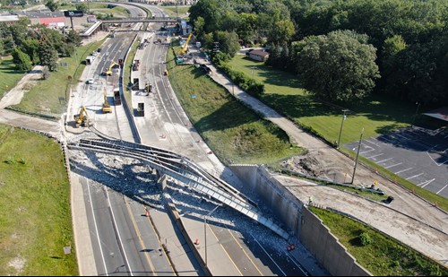 Aerial of Demolition of Stephenson Highway Bridge looking north above I-75