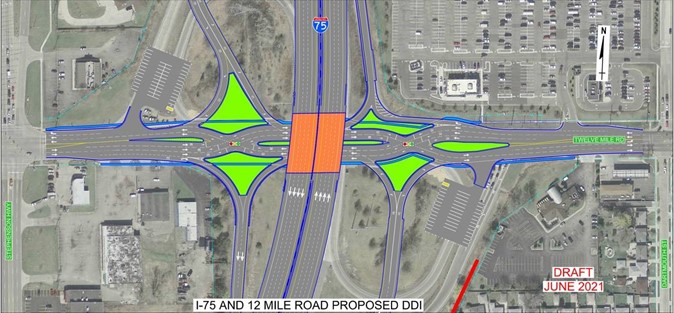 Aerial graphic with indicators of proposed changes to interchange