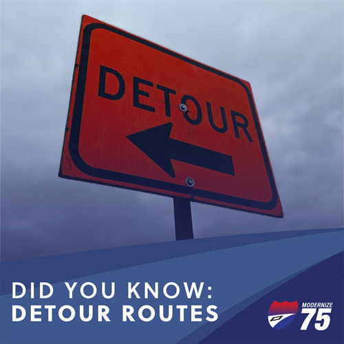 Graphic of content subject - Detour Routes - with orange sign indicating "Detour"