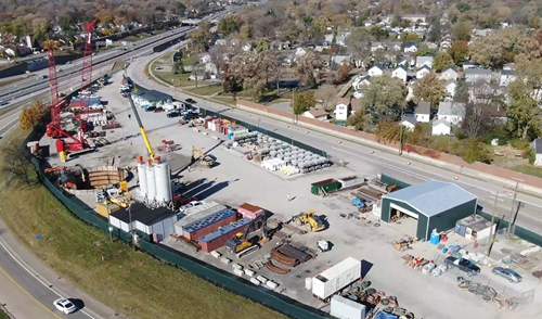 Aerial view of I-696 Tunnel Shaft site with materials and equipment for Tunnel Work