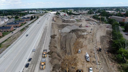Arial view of I-7 at Rochester Road under full construction